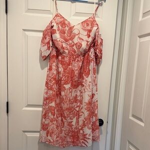 LOFT Coral Floral Cold Shoulder Midi Dress